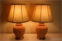 Pair - Terracotta Lamps with Ivory shades