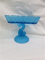 BLUE ART GLASS COMPOTE 7"T