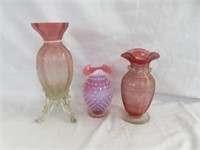 3 PC CRANBERRY HOBNAIL AND ART GLASS VASES 7"