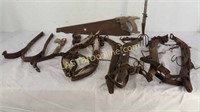 Three sets of Hames, frog gig Pole, vintage tools