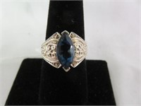 STERLING SILVER ORNATE BLUE STONE RING SZ 8