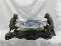 BRONZE MONKEY CENTERPIECE WITH BLUE AND WHITE
