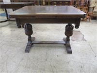 ANTIQUE ENGLISH CARVED OAK DRAW LEAF DINING TABLE