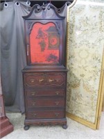 ANTIQUE CARVED MAHOGANY HANDPAINTED ORIENTAL
