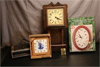 Three Wall Clocks & Clock Radio