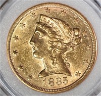 1885 $5.00 GOLD LIBERTY, CH BU