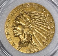 1908 $5.00 GOLD INDIAN, AU