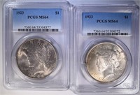 (2) 1923 PEACE SILVER DOLLARS, PCGS MS-64