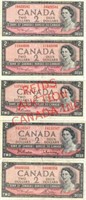 5 CANADIAN 1954 $2 DOLLAR BILLS