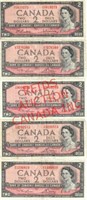 5 CANADIAN 1954 $2 DOLLAR BILLS