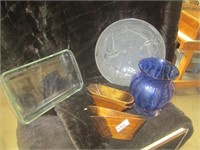 Pyrex Clear Pan, Blue Vase, Mexico Bowls