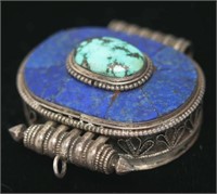 Tibetan Silver Pendant Box, with Turquoise & Lapis