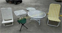 3 glass top patio tables, two chairs, one stool