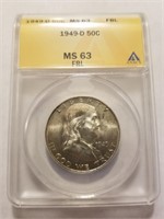 1949-D MS63 ANACS GRADED FRANKLIN HALF DOLLAR COIN