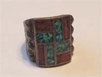 STERLING SILVER RED CORAL AND TURQUOISE RING