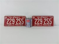 2 plaques d'immatriculation Québec 1972