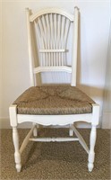White Wood Desk Chair. Spoindle Back & Wicker Seat