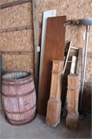 Wooden Barrel, chest of drawers, bannister posts