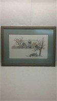 Framed cross stitched winter farm picture