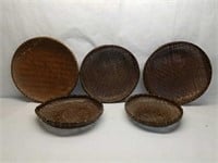 Lot of 5 Vintage Handwoven Flat Round Baskets