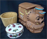 Antique Train Cookie Jar & Glazed Deco Pieces