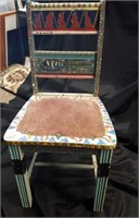 Vintage Leather Seat Hand-Painted Wood Chair