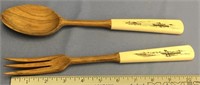 11" Pair of salad utensils with ivory handles and