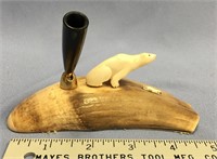 5" Fossilized Ivory pen holder with ivory carvings