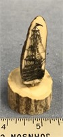 2" Fossilized Ivory tooth with scrimshaw of a sail