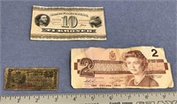 1986 Canada two dollar bill, 1938 ten dollar Denma