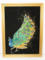 Beaded Peacock Wall Art on Felt in Gilt Frame