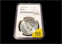 1925-S Peace dollar, NGC slab certified MS-63,