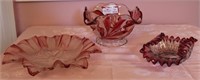 3 Unmatched Art Glass Bowls - 2 Cranberry to