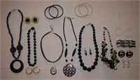 Assorted black beaded necklaces, earrings,