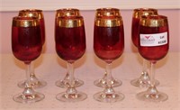 8 Cranberry Wine Glasses with Clear Stems, Gold