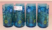 8 Blue Water Glasses with Applied Painted Flowers