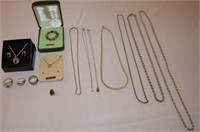 8 Gold-filled necklaces, 1 scarab pin, 3 rings