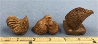 Lot of 3, wooden netsukes, eagle head, rooster, 2
