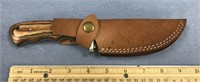 10" hunting knife with wood handle and leather she