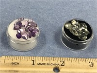 2 containers of semi precious stones, amethyst and
