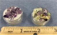 2 containers of semi precious stones, amethyst and