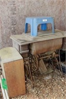 treadle sewing machine, shelf & stool