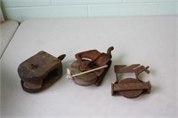 3 Cast Iron & Wood Antique Pulleys