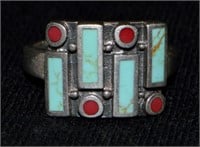 925 Silver Turquoise and Coral Ring - sz. 7