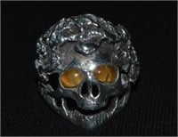 925 Silver & Tiger Eye Men's Skull Ring - sz. 9