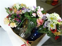 Box of Faux Flowers - Vases - and related