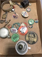 Assorted political buttons, misc small items