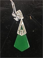 Jade and marcasite pendant with silver chain