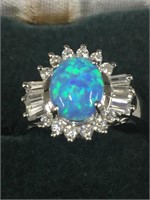 Blue Opal and cut crystal ring