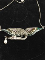 Marcasite and enamel crane with pearl